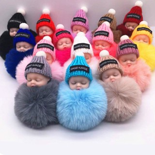 【shuanghong666】Fashion Colorful Sleeping Baby Doll Hanging Piece Hair Ball Pendant Cute Fluffy Pompom Chain Cotton Wool Holder Bag Ball Toy