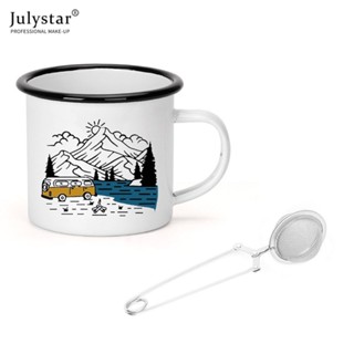 JULYSTAR Caravan พิมพ์ Camping Mug Camping แก้วเคลือบผจญภัย Campfire Party แก้วน้ำเบียร์