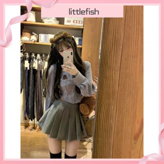 [Littlefish] เสื้อเชิ้ตแขนยาว ลายทาง และกระโปรงพลีท เอวสูง สไตล์เกาหลี แฟชั่นฤดูใบไม้ร่วง สําหรับเด็กผู้หญิง 2023