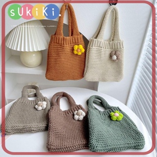 Sukiki กระเป๋าถือ ผ้าขนสัตว์ถัก ลายดอกไม้ ความจุสูง แฟชั่น สําหรับนักเรียน