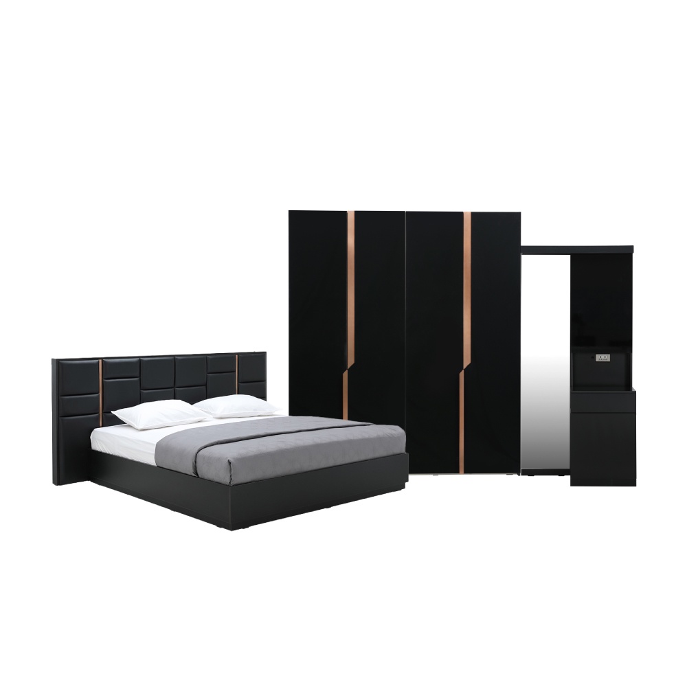 INDEX LIVING MALL ชุดห้องนอน รุ่นอเล็กซ์ ขนาด 5 ฟุต (เตียง(พื้นเตียงทึบ), ตู้เสื้อผ้า 4 บาน, โต๊ะเครื่องแป้ง) - สีดำ