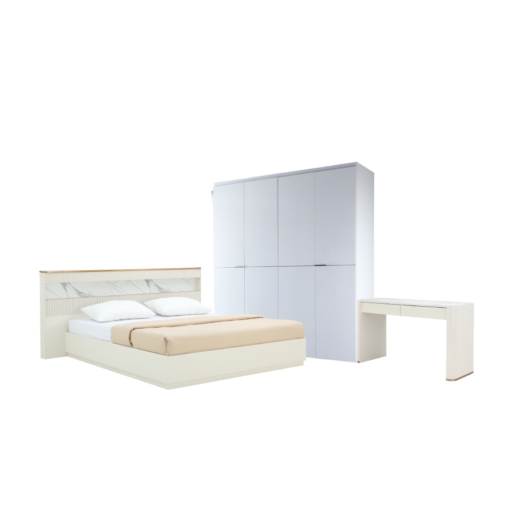 INDEX LIVING MALL ชุดห้องนอน รุ่นปิกัสโซ+บลัง ขนาด 6 ฟุต (เตียง(พื้นเตียงซี่), ตู้เสื้อผ้า 4 บาน, โต๊ะเครื่องแป้ง) - สีขาวงาช้าง
