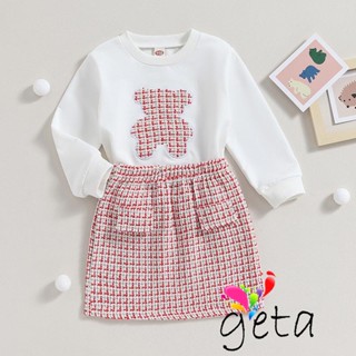 Geta- เสื้อแขนยาว ปักลายหมี กระโปรงลายสก๊อต สีแดง สําหรับเด็กผู้หญิง อายุ 3-8 ปี 2 ชิ้น