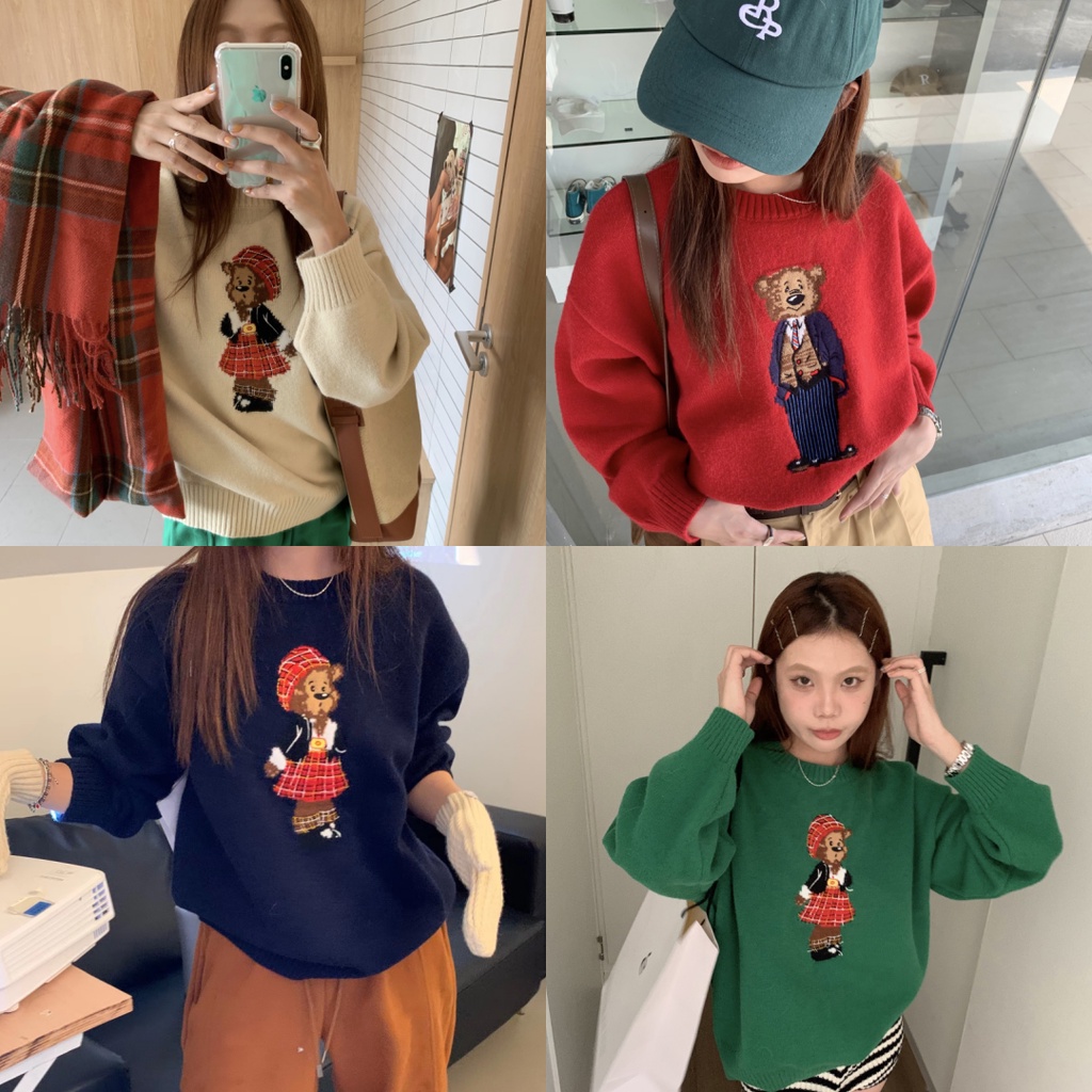 พร้อมส่ง 4 สี Bear sweet sweater ไหมพรมแขนยาวทอลายการ์ตูนน่ารักมาก (38263)