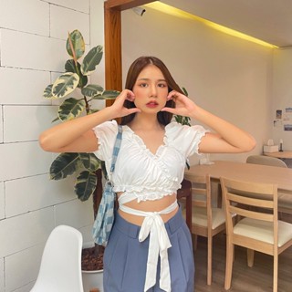 พร้อมส่ง 🍫🗼 Cream crop ครอปแขนจั้มผูกโบว์เอว (IN38369)