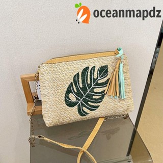 Oceanmapdz ฟางทอ กระเป๋าสะพายข้าง ใบสับปะรด หรูหรา สไตล์โบฮีเมียน พู่ผลไม้ หญิง