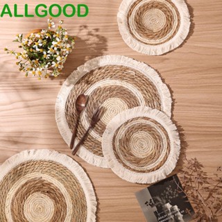 Allgoods แผ่นรองจาน ฟางสาน ทรงกลม แฮนด์เมด กันลื่น ประดับพู่ สําหรับห้องครัว