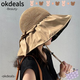 Okdeals หมวกฟางบักเก็ต ผูกโบว์ ป้องกันรังสียูวี พับได้ แฟชั่นฤดูใบไม้ผลิ ฤดูร้อน