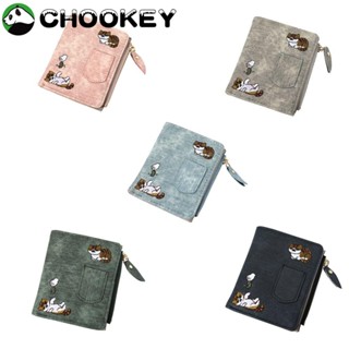 Chookey กระเป๋าสตางค์ ใบสั้น ผ้าแคนวาส หนัง PU ปักลายแมวน่ารัก มีซิป ขนาดเล็ก ใส่บัตรได้ สําหรับสตรี