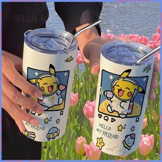 🥤Animation Peripheral 🥤Limited Thermos Cup🥤กระติกน้ําร้อนสเตนเลส ลายการ์ตูนปิกาจู พร้อมหลอดดูด แบบพกพา คุณภาพสูง สําหรับผู้หญิง