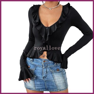 Royal เสื้อครอปท็อปแขนยาว คอวีลึก เข้ารูป แต่งระบาย สไตล์สตรีท สําหรับผู้หญิง Y2K