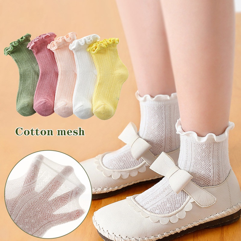 ถุงเท้าเจ้าหญิง ผ้าฝ้าย แบบบาง ผ้าตาข่าย สีพื้น แฟชั่นฤดูใบไม้ผลิ และฤดูร้อน สําหรับเด็กผู้หญิง