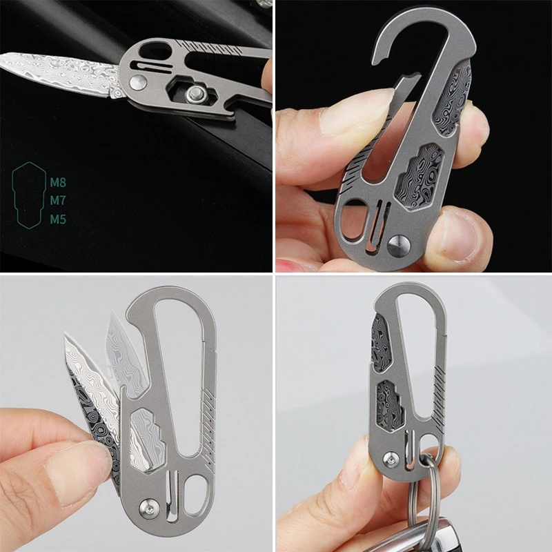 Titanium Alloy Keychain  Folding Knife Damascus Blade D2 MINI Knife Portable Keychain Outdoor Surviv