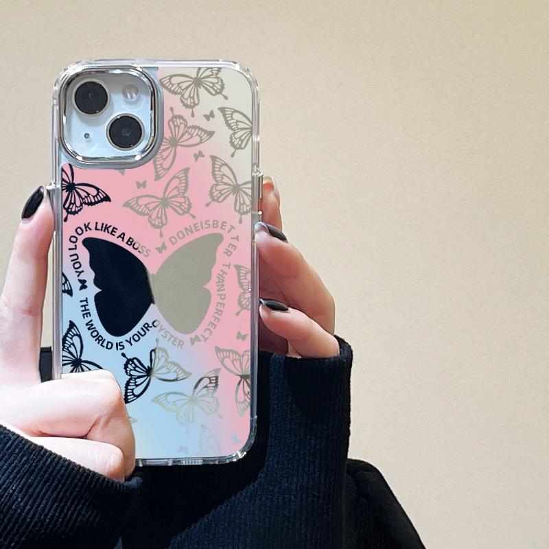 เคส for iPhone 16 11 15 13 14 12 Pro Max เคสไอโฟน11 12 14 ผีเสื้อไล่ระดับสีชมพู กรณีโทรศัพท์มือถือชุบกระจก