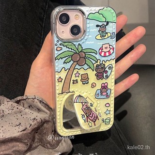 เคสป้องกันโทรศัพท์มือถือกระจก ลายการ์ตูนต้นมะพร้าว และแมว KT กันกระแทก สําหรับ iPhone 14promax 13 12 11