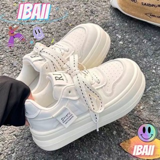 Ibaii.  รองเท้าหนังลําลอง สวมหุ้มข้อ ส้นหนา สีขาว สไตล์เกาหลี สําหรับนักเรียน