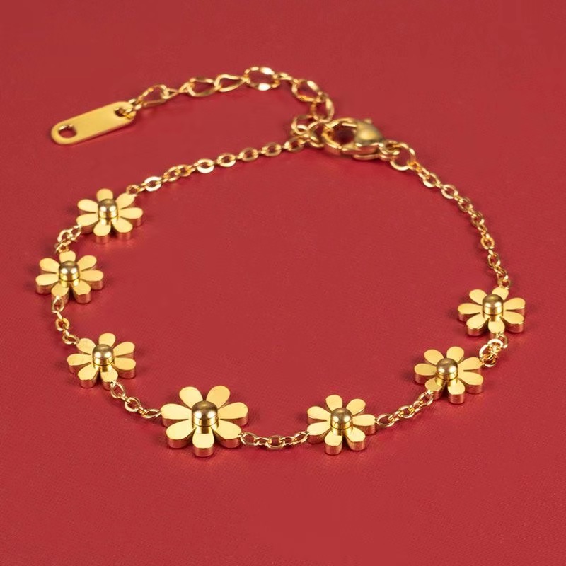 สร้อยคอ สร้อยข้อมือ สายโซ่ เหล็กไทเทเนียม ชุบทอง 18K จี้ดอกทานตะวัน ขนาดเล็ก แฟชั่น