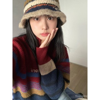 เสื้อกันหนาว คอเต่า ลําลอง แต่งซิปครึ่ง ลายทาง สีตัดกัน