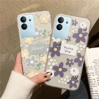 เคสโทรศัพท์มือถือ ซิลิโคนนิ่ม ใส กันกระแทก ลายดอกไม้ สีเขียว สีฟ้า สําหรับ VIVO V29 5G 2023 VivoV29