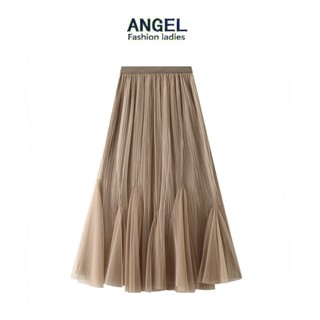 [2 ด้าน] ANGEL แฟชั่นผู้หญิง midi tulle กระโปรงสีพื้น เกาหลี ยืดหยุ่น เอวสูง ทรงเอ สีชมพู บาง ขนาดใหญ่ สวิงตาข่าย กระโปรงยาวจีบ สําหรับผู้หญิง