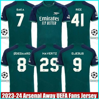 เสื้อกีฬาแขนสั้น ลายการ์ตูน Arsenal Third Away Jersey UEFA Rice Degaard Havertz Saka Jesus 2023-2024 พลัสไซซ์