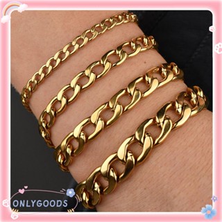 Only Cuban Curb Link Chain สร้อยข้อมือสเตนเลส ชุบทอง 18K ทรงเรขาคณิต สีพื้น สําหรับผู้ชาย