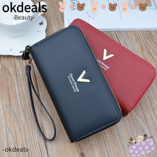 Okdeals กระเป๋าสตางค์ กระเป๋าคลัทช์ หนัง PU มีซิปคู่ จุของได้เยอะ พร้อมสายคล้องมือ สําหรับใส่บัตรเครดิต บัตรเครดิต RFID