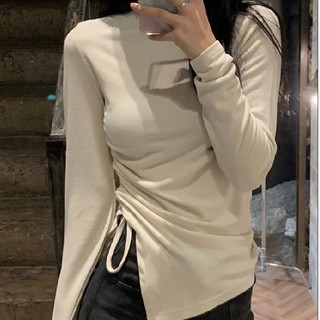 8271# Double-sided German velvet turtleneck bottoming shirt for women with design drawstring long-sleeved T-shirt top