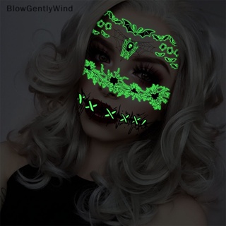 Blowgentlywind สติกเกอร์รอยสักชั่วคราว รูปกะโหลก วันฮาโลวีน แบบเรืองแสง สําหรับตกแต่งใบหน้า