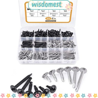 Wisdomest สกรูหัวต๊าป สเตนเลส 410 สีดํา และสีเงิน สําหรับโลหะ 400 ชิ้น #8x สกรูเจาะไม้ 1/2 นิ้ว ถึง 1-1/2 นิ้ว