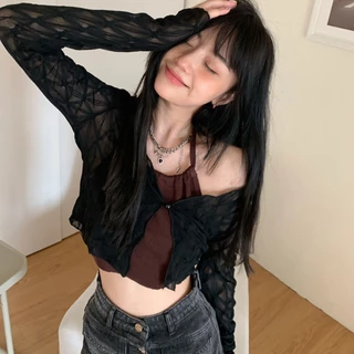 พร้อมส่ง เสื้อคลุมซีทรู ใหม่ เสื้อยืดลูกไม้คอวีแขนยาวทรงเข้ารูปที่ชายเส