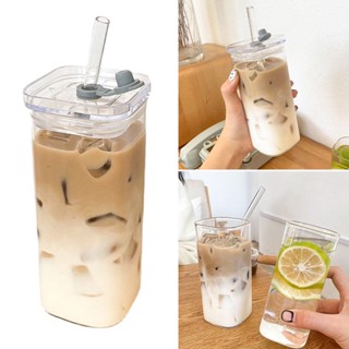 【Straws Cup】แก้วมัก ทรงสี่เหลี่ยม ทนความร้อน 400 มล. พร้อมฝาปิด และหลอดดูด สําหรับกาแฟ ชา นม น้ําผลไม้