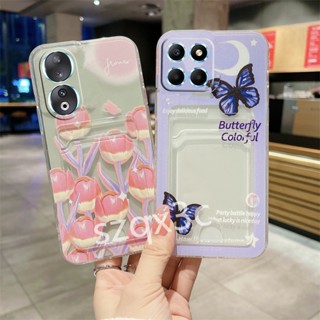 เคสโทรศัพท์มือถือ ซิลิโคนนิ่ม ลายดอกทิวลิป ผีเสื้อสีม่วง พร้อมช่องใส่บัตร สําหรับ Honor X6a X5Plus 90 Lite Pro 5G 4G X5+ X9a X8a X7a Huawei Nova 11 Pro HonorX5+