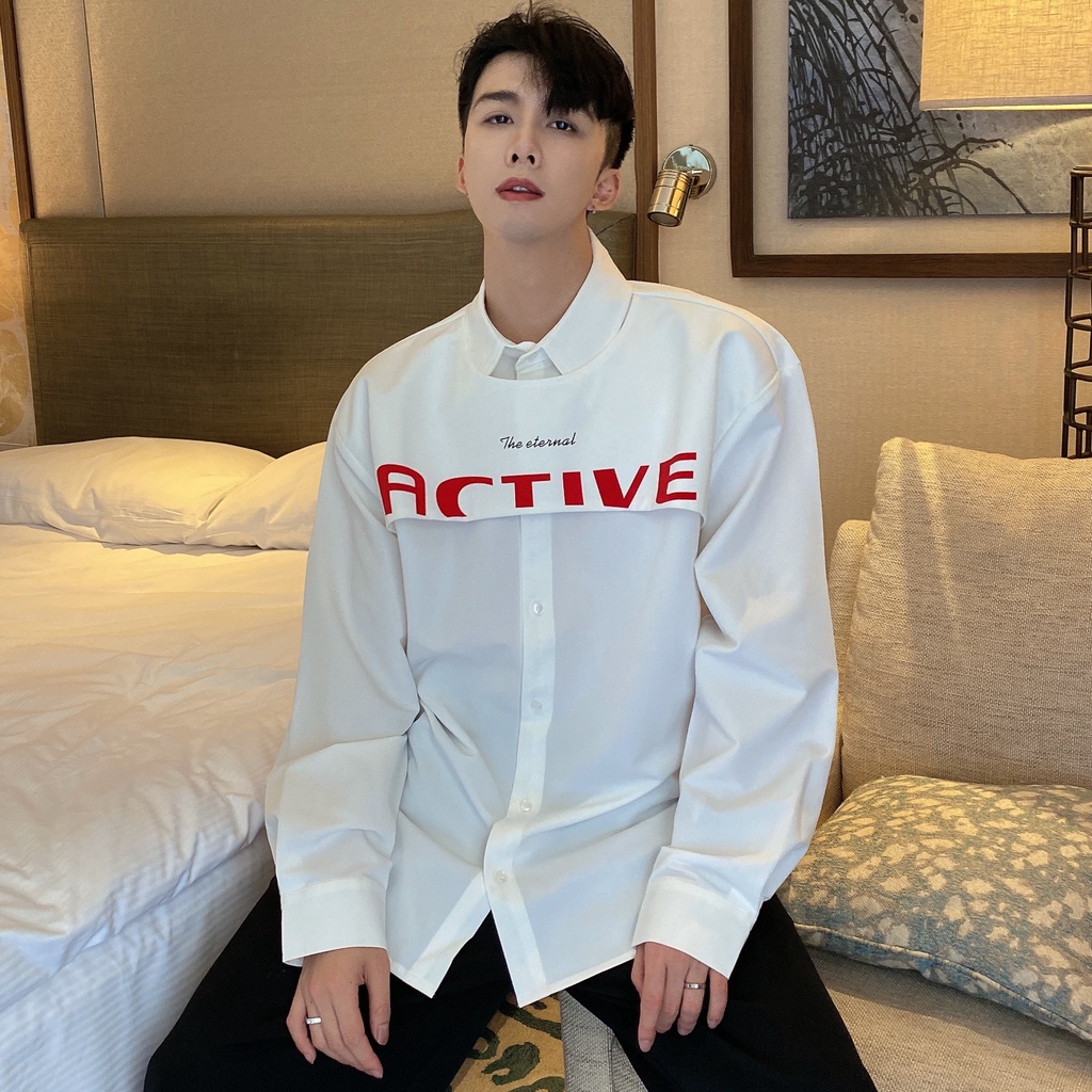 เสื้อเชิ้ตแขนยาวลําลอง ทรงหลวม พิมพ์ลายตัวอักษร สไตล์เกาหลี สําหรับผู้ชาย