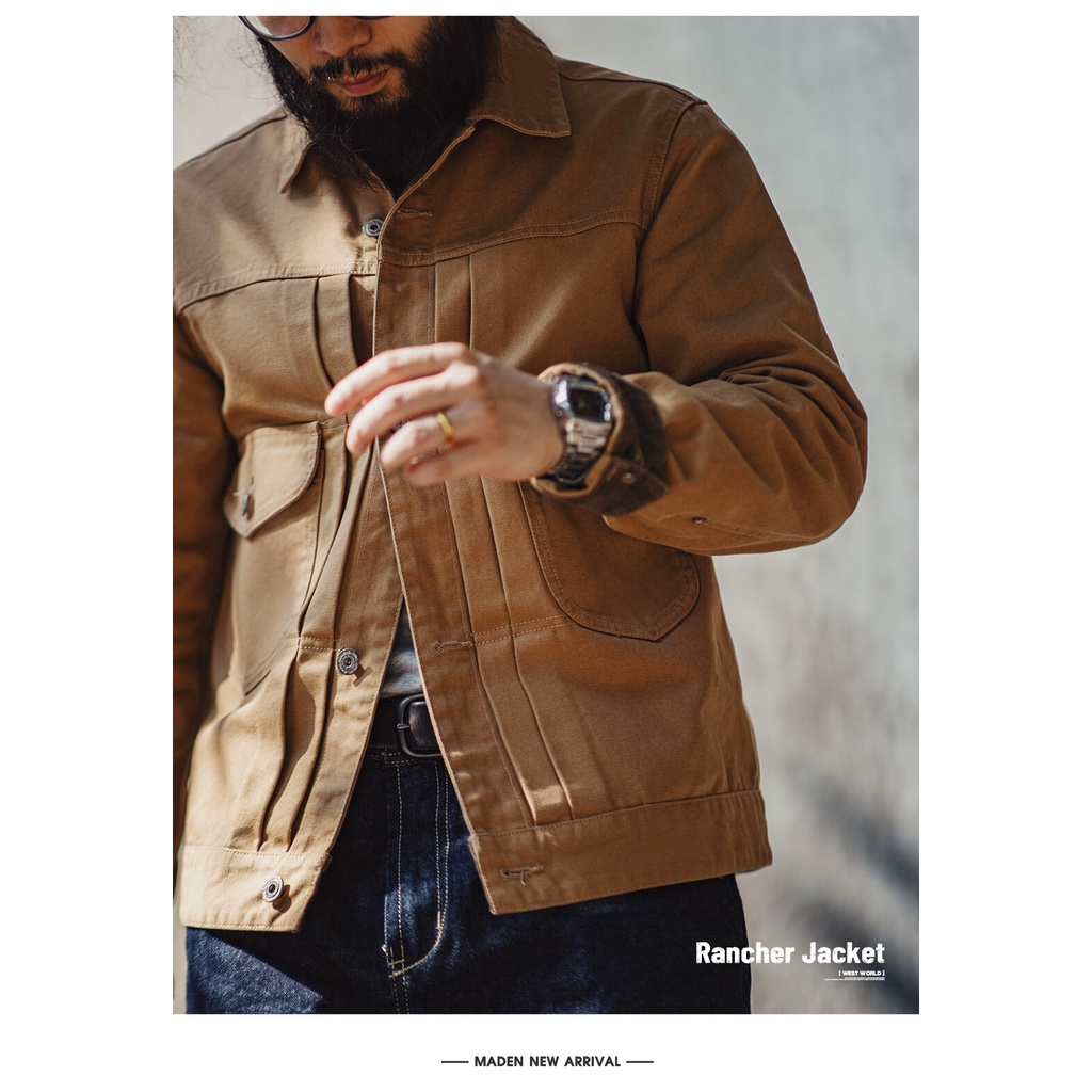 MADEN ยี่ห้อ Workwear สไตล์ฤดูใบไม้ร่วงใหม่ผู้ชายเยาวชนกลางแจ้งขี่จักรยาน Tough Guy American Retro Western Ranch แจ็คเก็ต Maillard Heavy Duty ผ้าใบเสื้อโปโล Boy Denim Coat