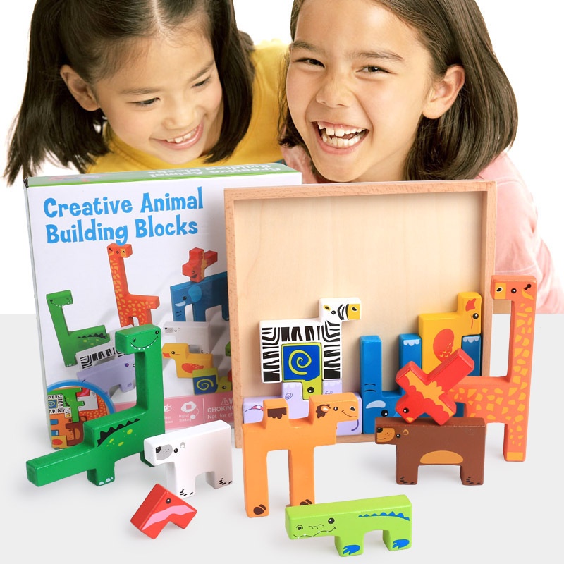 MooShi - บล็อกตัวต่อไม้ Creative Animal Building Block