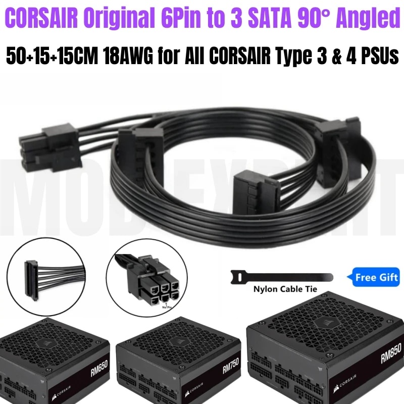6Pin ถึง 3x SATA ขวามุม SSD HDD สายไฟสําหรับ CORSAIR RM450 RM550 RM650 RM750 RM850 RM1000 Platinum M