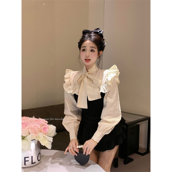 N-Yoda เสื้อเชิ้ตแขนยาว ประดับโบว์ สไตล์ฝรั่งเศส