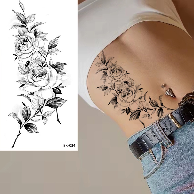 รอยสักชั่วคราว กันน้ํา ลายดอกไม้ ดอกกุหลาบสีดํา รูปแบบการถ่ายโอนน้ํา สําหรับผู้หญิง เด็กผู้หญิง รอยสักครึ่งแขน ราคา ถูกที่สุด ดีลบีเคเค แกลเลอรีภาพที่ 2