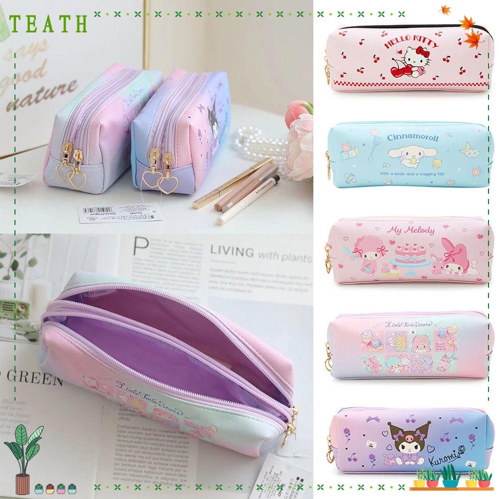 Teath กระเป๋าเครื่องเขียน กระเป๋าปากกา หนัง PU มีซิปคู่ ลายการ์ตูนคุโรมิ ชินนาม่อนโรล เมล่องดี้ ทรงสี่เหลี่ยม ของขวัญนักเรียน