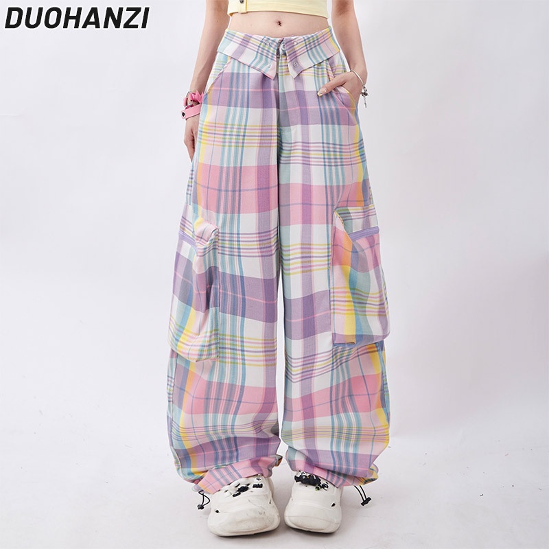 Duohanzi กางเกงขาตรง ทรงหลวม ลายสก๊อต หลากสี สไตล์อเมริกัน สําหรับผู้หญิง