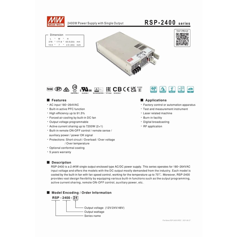 ไต้หวัน MEAN WELL RSP-2400-12 RSP-2400-24 RSP-2400-48 2400W PFC AC DC แหล่งจ่ายไฟเอาต์พุตเดียว Switching Power Supply**-&