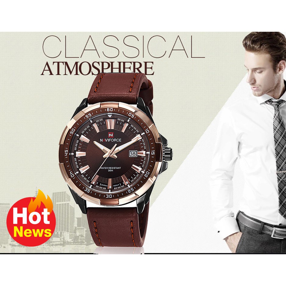 นาฬิกา naviforce แท้ นาฬิกาข้อมือ สีน้ำตาล สายหนังแท้ รุ่น NF9056-BR2