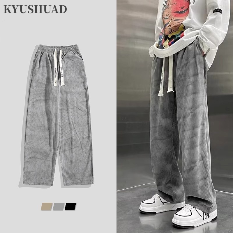 Kyushuad กางเกงขายาวลําลอง ผ้าลูกฟูก ขากว้าง ผ้าเดรป ทรงหลวม ไฮเอนด์ สีมัดย้อม สไตล์อเมริกัน เรโทร สําหรับผู้ชาย