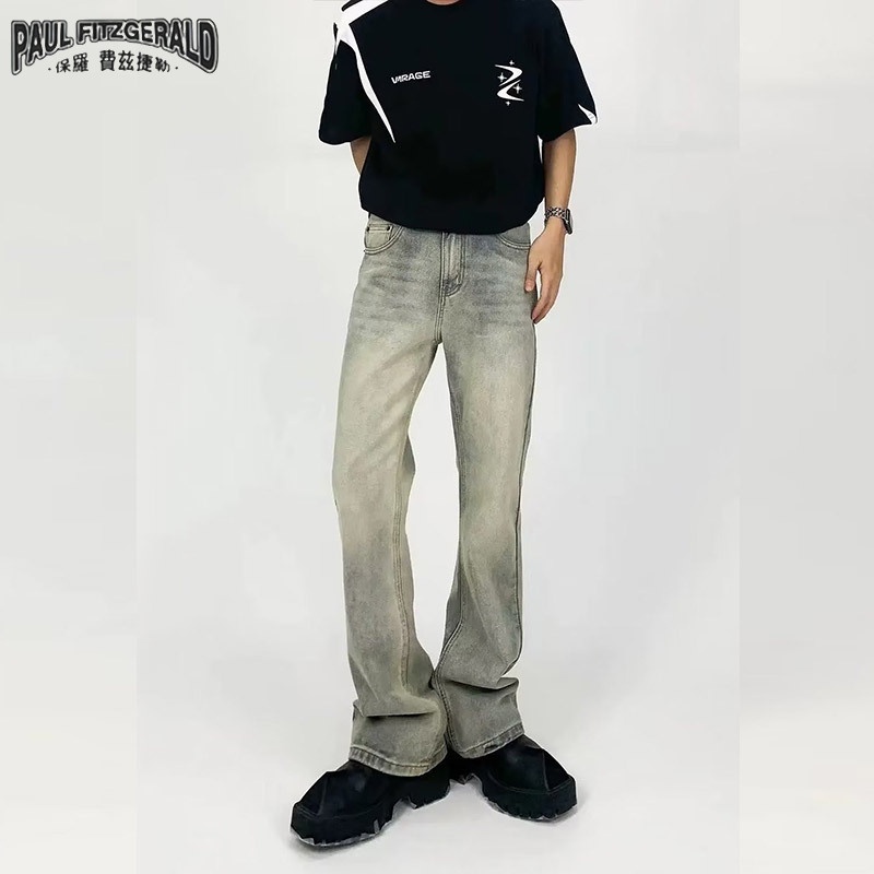 Paul FITZGERALD Distressed retro mud สีเหลืองกางเกงยีนส์ขาบานเล็กน้อยสไตล์เกาหลี high street อเนกประสงค์กางเกงขายาวทรงตรงสําหรับผู้ชาย