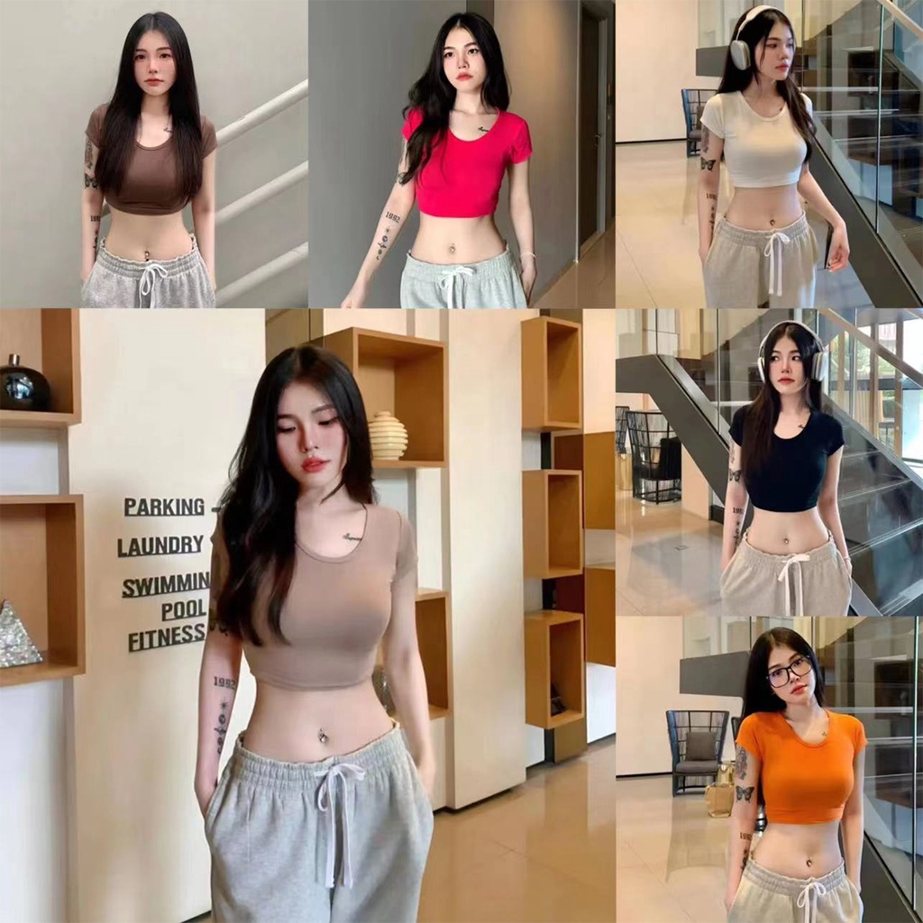 พร้อมส่ง เสื้อครอปสั้นคอกลมสีพื้นใส่แมตช์ลุคง่าย ทรงดีเข้ารูป รุ่นครอปเรียบ