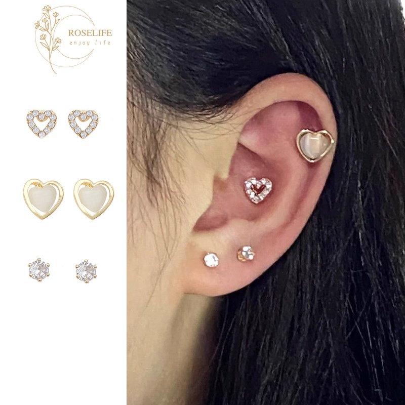 Roselife ชุดเครื่องประดับต่างหูสตั๊ด รูปหัวใจ โอปอล ประดับพลอยเทียม สีทอง สไตล์วินเทจ สําหรับผู้หญิง 6 ชิ้น