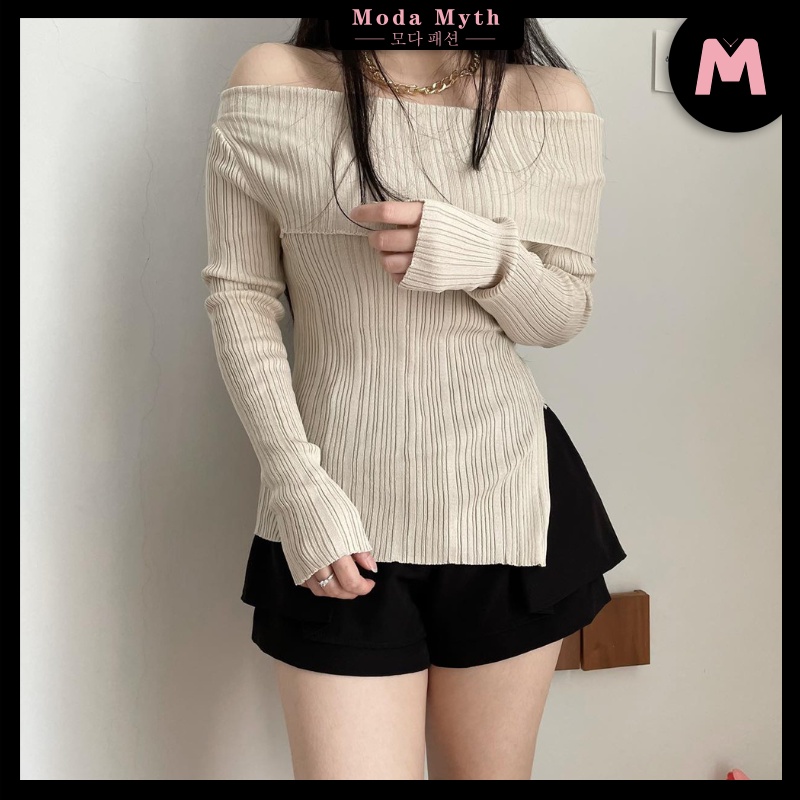 MODAMYTH OT016 - OFF SHOULDER SABRINA KNIT TOP ผู้หญิงนําเข้าแขนยาวสไตล์เกาหลี SABRINA KNIT