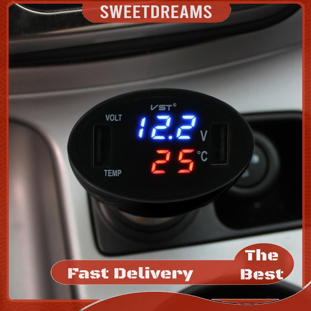 [Sweet] 3 in1 เครื่องวัดอุณหภูมิบุหรี่ในรถยนต์ 12V ที่ชาร์จ USB คู่ LED โวลต์มิเตอร์