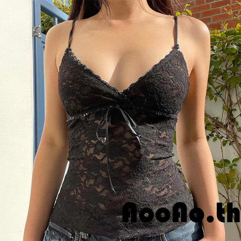 Aooao-เสื้อสายเดี่ยวสลิงสปาเก็ตตี้สตรีลายดอกไม้ลูกไม้คอวีแขนกุด